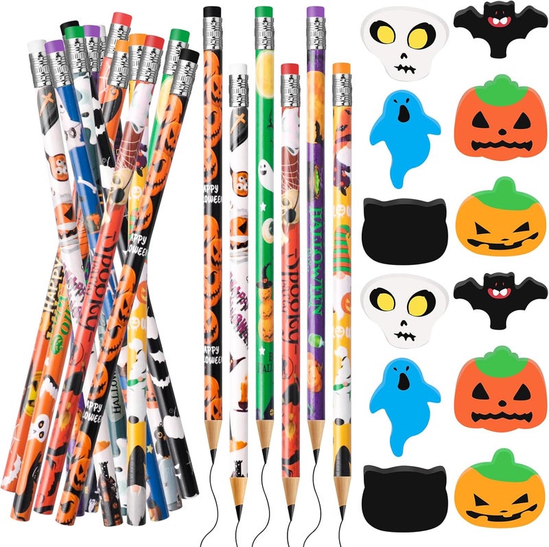 InkShine 72Pcs Halloween Pencils Cartoon Wooden Pencils Erasers for Teen Birthday Party Reward School Supplies Parties Bag Fillers(Halloween) - Image 1